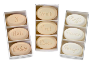 gifts for horse lovers: equestrian soap bars with horse terms on them, walk, trot, canter